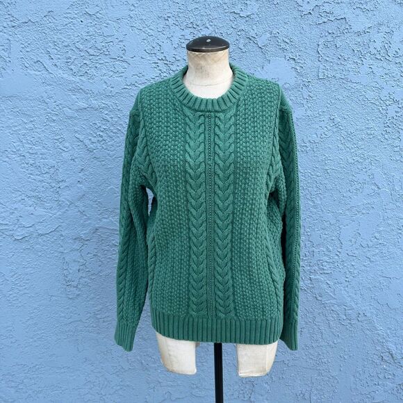 J Crew Cotton Cable Knit Crewneck Fisherman Sweater in Green Men's Medium - Picture 1 of 8